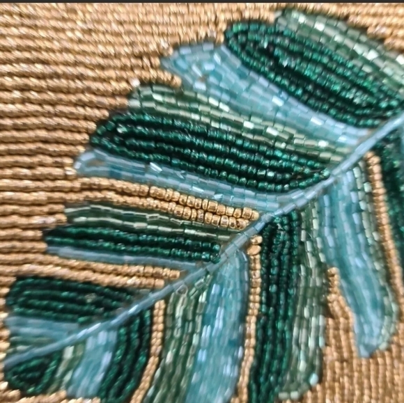 PACIFIC Paradise GOLD Green Teal Aqua Beaded Palm Leaf Tropical Throw Pillow New - Picture 3 of 13
